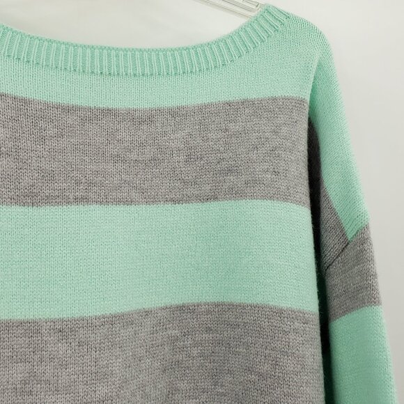 Vine & Love Striped Sweater Women's M Mint Green Gray Oversize Cozy Academia - Picture 4 of 7